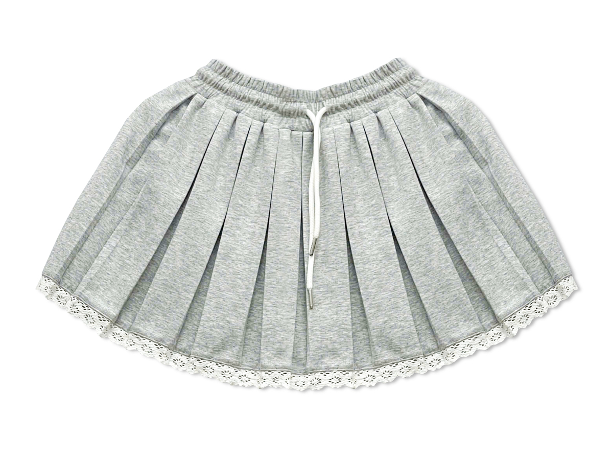 This short, wide-pleated skirt features an elastic waistband with a drawstring for an adjustable fit.