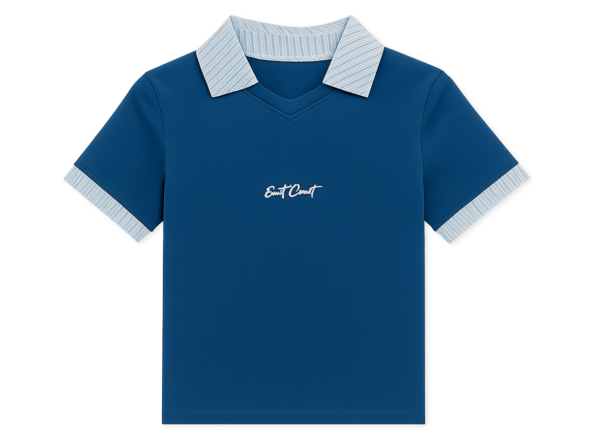 striped collar t-shirt, preppy unisex top, embroidered text tee