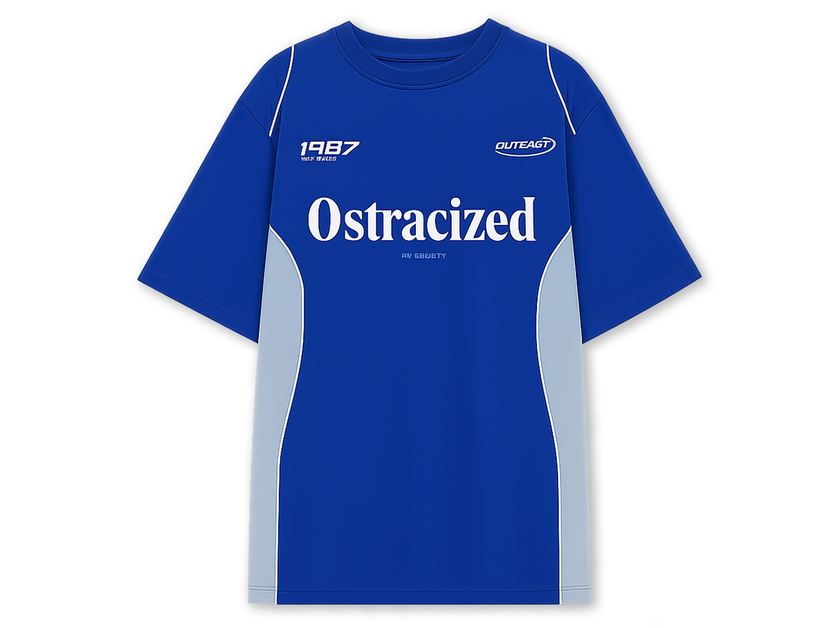 Bold color-blocked tee in cobalt blue with ice side panels for a sharp, athletic silhouette.