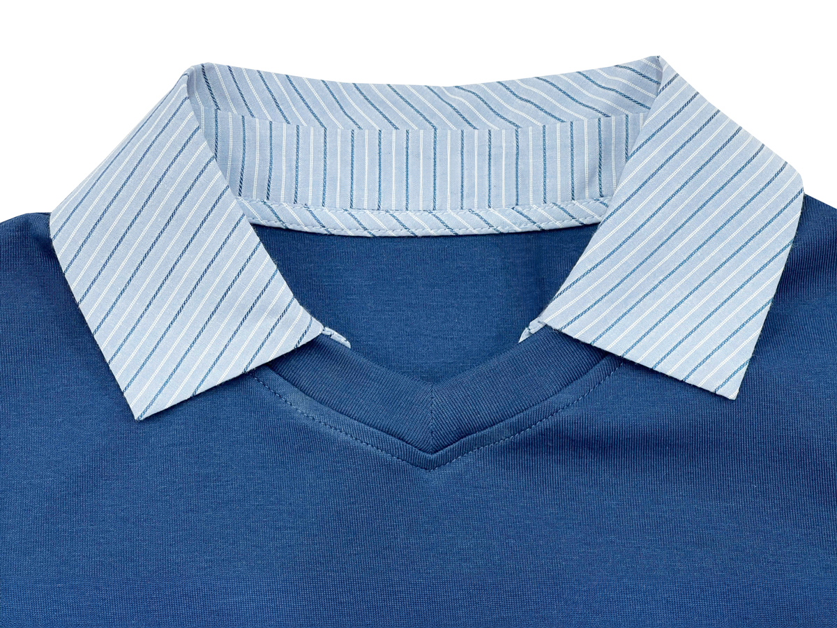  striped shirt collar, V-neck contrast collar, modern preppy tee