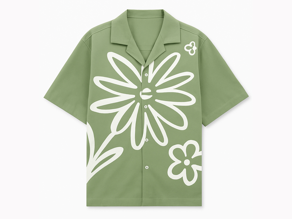 The bold oversized white floral print on olive green gives a fresh, free-spirited vibe. 